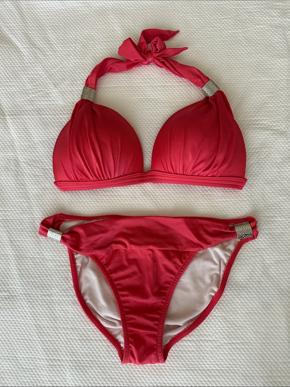 VENUS Coral Shimmer Bikini Set | Hammered Silver Hardware | Halter Swimwear